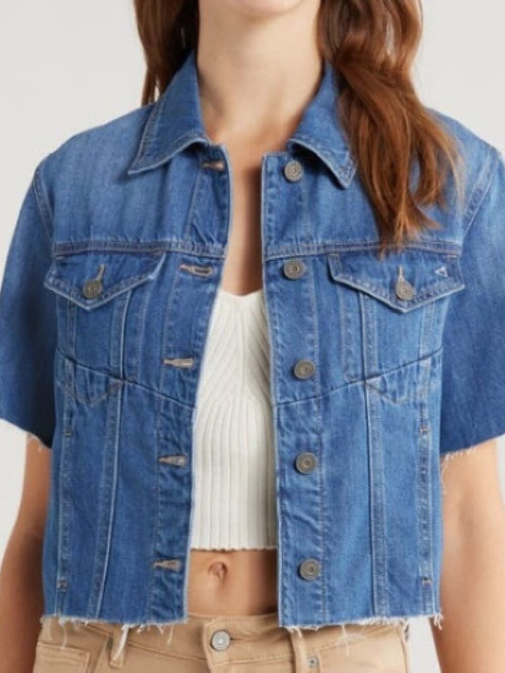 Hidden LA Short Sleeve Cropped Denim Jacket – Raw Hem, Mid Blue, Size S